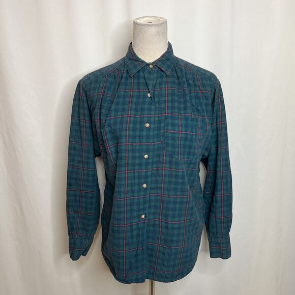 Mark Henri Vintage 60s Plaid Button Up Shirt Ruched Yoke Green Women's 10 Retro - Picture 2 of 9